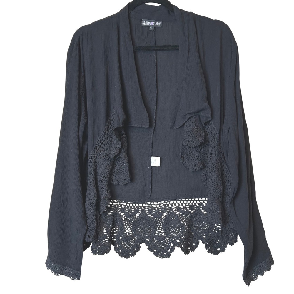 Pyramid Collection Black Witchy Crochet Lace Cardigan Open Gauze Rayon Top S